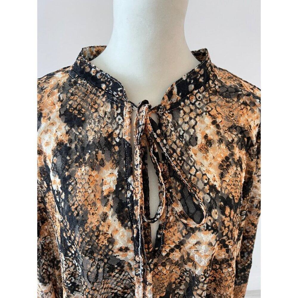 Free People Snake Print Sheer Boho Peasant Blouse Brown Black Flow Top M - Picture 5 of 7